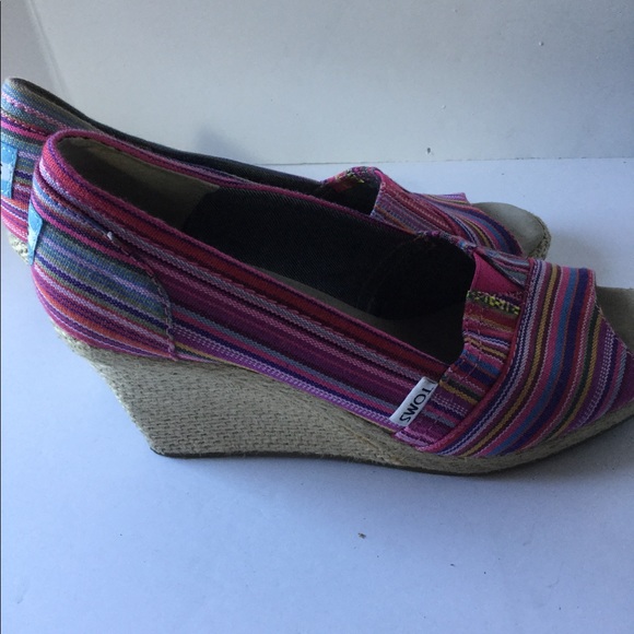 Toms wedge size 8W fabric stripe jute heel peep to - Picture 5 of 10